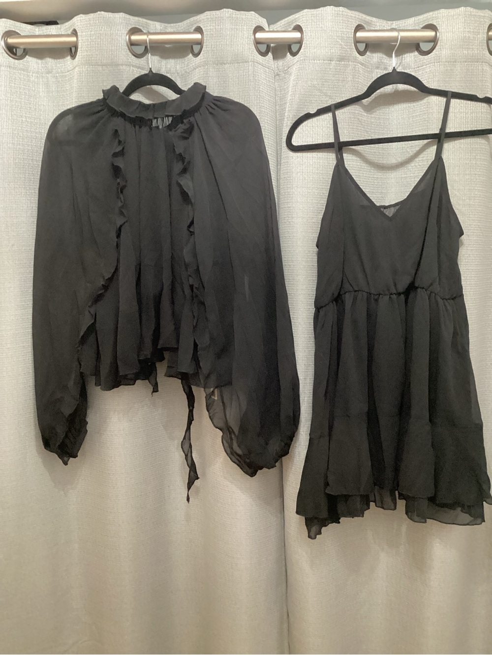Commense Black Tiered Ruffle Chiffon Mini Dress Set with Liner